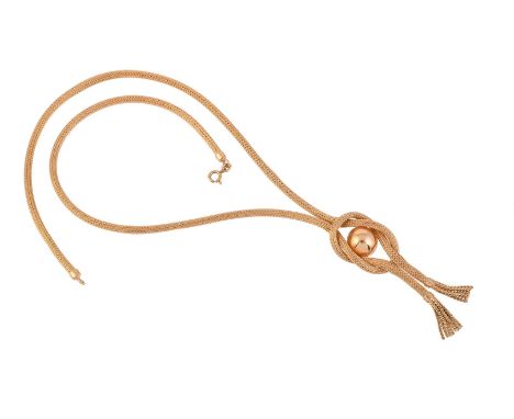 
	
		A GOLD COLOURED NECKLACE
		The woven pipe link necklace to a knot drop with central polished semi circle and tassel term
