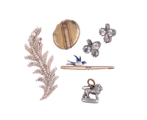 
	
		A SMALL COLLECTION OF ANTIQUE JEWELLERY
		To include a bluebird bar brooch, the bar with an applied blue enamelled bird 