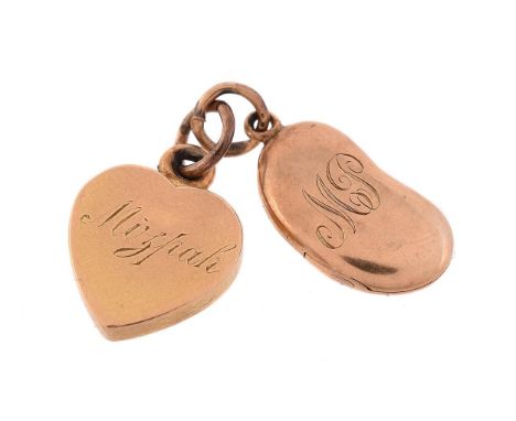 
	
		AN EARLY 20TH CENTURY GOLD COLOURED MIZPAH HEART PENDANT AND A BEAN LOCKET
		The polished heart with Mizpah on one side 
