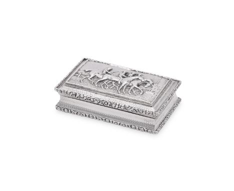 
	
		A WILLIAM IV SILVER RECTANGULAR SNUFF BOX
		MAKER'S MARK TS, LONDON 1836
		The cover chased with four jockeys and horses