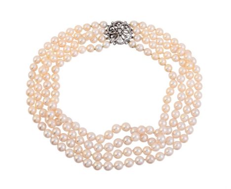 
	
		A FOUR ROW CULTURED PEARL AND DIAMOND NECKLACE
		The uniform cultured pearls on knotted strands, to a diamond set pierce