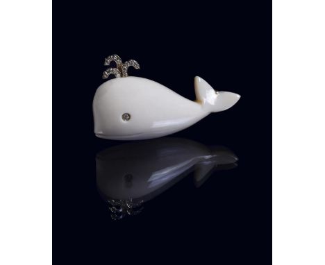 
	
		A DIAMOND AND WHITE STONE WHALE BROOCH
		The polished white hardstone whale with brilliant cut diamond eye and foam spra