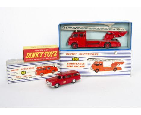 Dinky Supertoys 956 Turntable Fire Escape, red body, cast grooved hubs, glazing, 257 Canadian Fire Chief~s Car, red body, gla