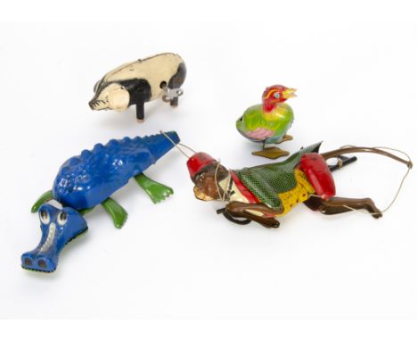 A Lehmann "Tom" Tinplate Mechanical Climbing Monkey, EPL 385, Wells Brimtoy tinplate clockwork Porky Pig, Tri-ang Minic clock