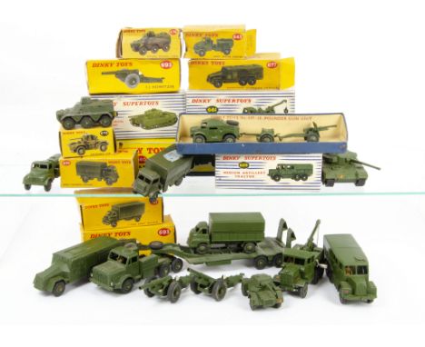 Boxed Military Dinky Toys, 660 Tank Transporter, 651 Centurion Tank, 661 Recovery Tractor, 689 Medium Artillery Tractor, 697 