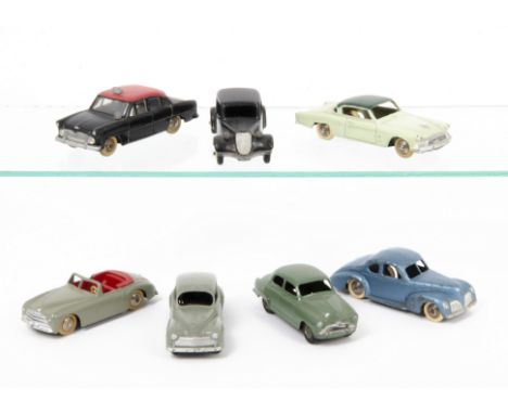 French Dinky Toy Cars, 24S Simca 8 Sports, grey body, red seats, convex hubs, 24R Peugeot 203, grey body and hubs, 24U Simca 