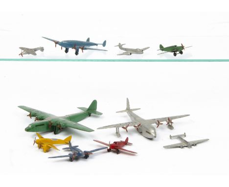 Dinky Toy Aircraft, including 60k Light Tourer (2), one green body, one red body, 60g Light Racer, yellow body, ~G-RACE~, 62p