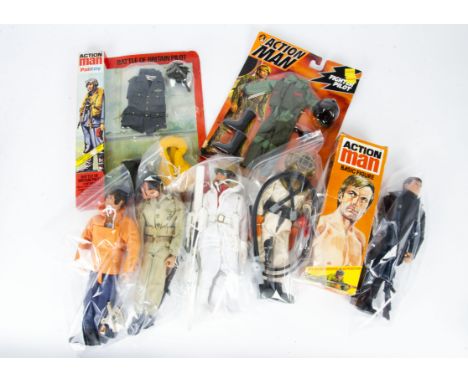 Vintage Action Man Dressed Figures, Mountain &amp; Arctic, Deep Sea Diver, USMC and two others, with majority of accessories,