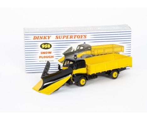 A Dinky Supertoys 958 Guy Warrior Snow Plough, yellow/black body and blade, spare wheel, blue roof light, in original box, VG