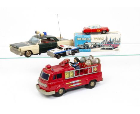 Japanese Tinplate Emergency Service Vehicles, Shudo (Japan) friction drive Emergency Wagon, in original box, Okuma battery op