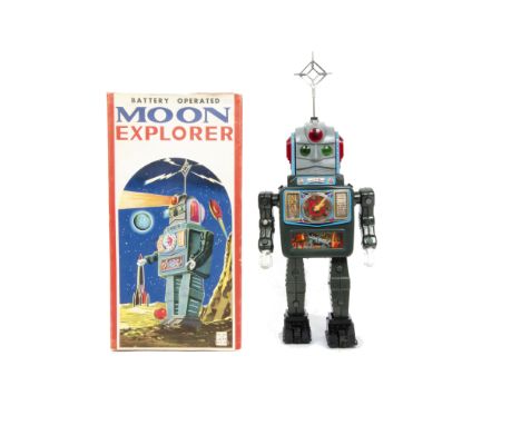 A Alps (Japan) Battery-Operated Moon Explorer Robot, with dark grey tinplate body, grey plastic head, white claw like hands, 