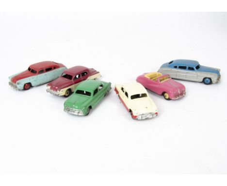 1950s Dinky Toy American Cars, 172 Studebaker Land Cruiser, dark pink over cream body, 170 Ford Fordor Sedan, red lower, crea