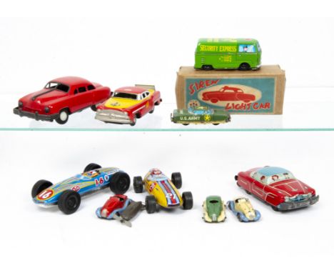Japanese Tinplate Vehicles, TKK Siren Light Car, in original box, loose SSS Toys Taxi, Ichimura Security Express Van, TN US A