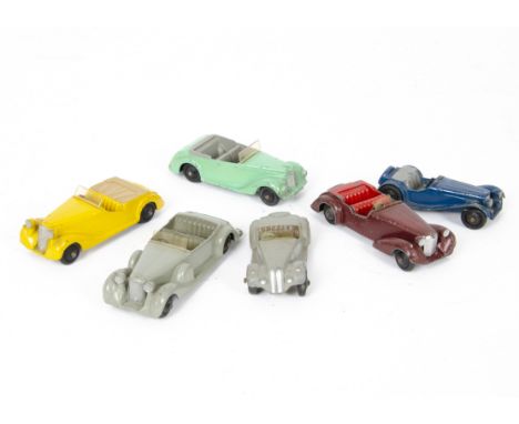 Dinky Toy 38 Series Cars, 38a Frazer Nash, grey body, solid steering wheel smooth hubs, 38b Sunbeam Talbot, yellow body, fawn