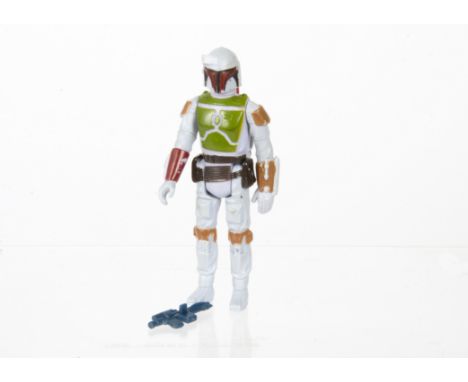 Vintage Star Wars Tri-Logo Boba Fett Action Figure, light grey body, unpainted knee and dart, no COO to leg, complete with or
