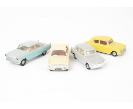 Tri-ang Spot-On Fords, No.213 Ford Anglia (2), first grey body, white interior, second yellow body, red interior, No.270 Ford