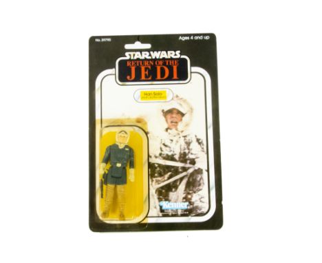 Vintage Star Wars Kenner ROTJ Han Solo (Hoth Battle Gear) Action Figure, on punched 65 back card, figure E, bubble VG, discol