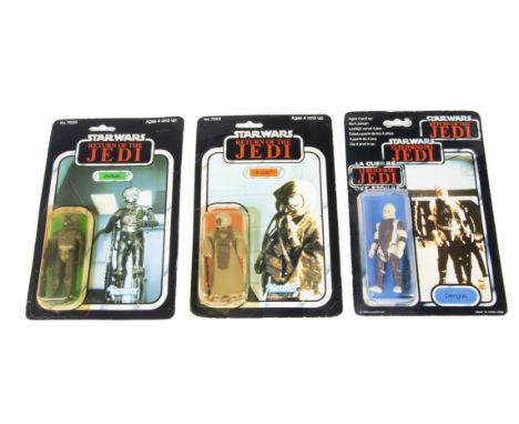 Vintage Star Wars ROTJ Bounty Hunter Action Figures, Kenner 4-Lom on punched 77 back card, Zuckuss on punched 79 back card, P