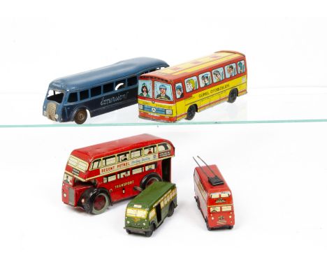 Tinplate Toy Buses &amp; Coaches, CIJ clockwork 6/10 Renault ~Excursions~ Coach, two-tone blue body, Wells Brimtoy clockwork 