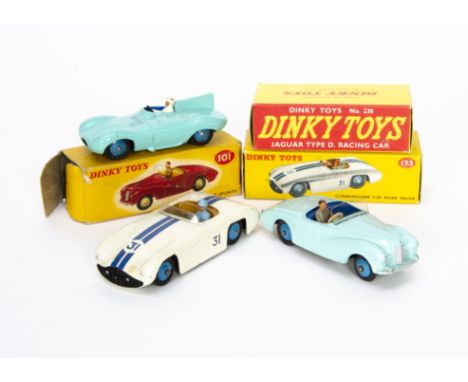 Dinky Toys 238 Jaguar D-Type Racing Car, 133 Cunningham C-5R Road Racer, 101 Sunbeam Alpine Sports, light blue body, dark blu