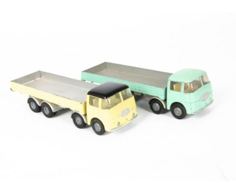 Tri-ang Spot-On No.109/3 ERF 68G With Box Float, two examples, first light turquoise body, silver chassis, second light yello