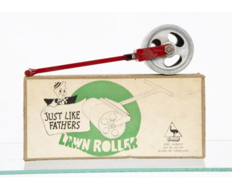 EMU Series (England) Miniature Lawn Roller, red diecast handle, aluminium roller, 165mm in length, ~Just Like Fathers~ slogan
