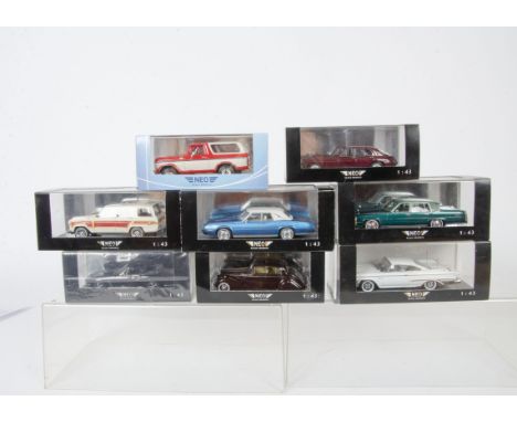 Neo 1:43 Scale Models, including Jeep Grand Wagoneer, Ford Bronco 1978, Ford Thunderbird Landau and five others, in original 