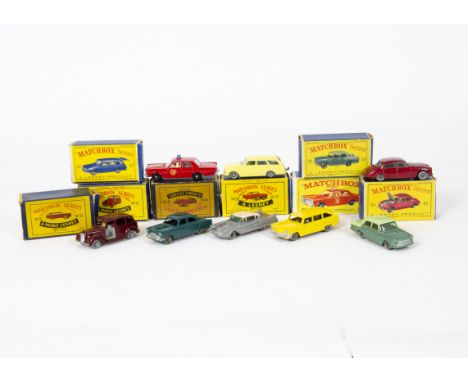 Matchbox Lesney 1-75 Series Cars, 27 Cadillac Sixty Special, 33 Ford Zodiac, 65 Jaguar 3.4 Sedan, 38 Vauxhall Victor Estate, 