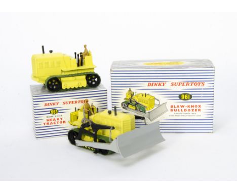 Dinky Supertoys 963 Blaw Knox Heavy Tractor, yellow body, blacks wheels, green tracks, driver, 961 Blaw Knox Bulldozer, yello