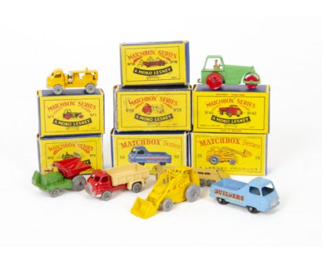 Matchbox Lesney 1-75 Series Construction Vehicles, 24 Hydraulic Excavator, GPW, 60 Morris J2 Pick-Up, 28 Bedford Compressor, 