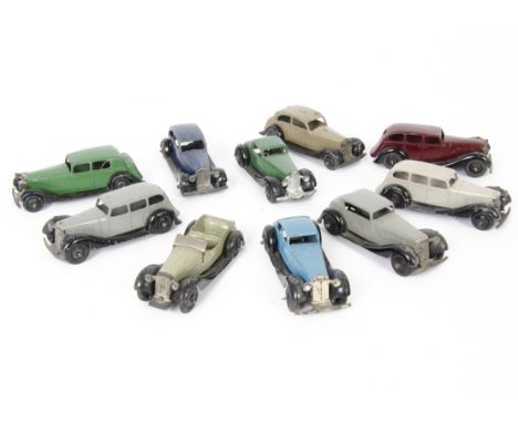 Dinky Toy 30 &amp; 36 Series Cars, 30b Rolls-Royce (2), first dark blue body, second fawn body, 30c Daimler Saloon, green bod