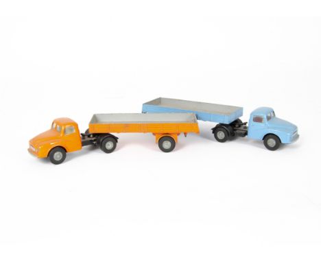 Tri-ang Spot-On No.106A/1 Austin Prime Mover With Box Trailer, two examples, first orange body, black chassis, white cab inte