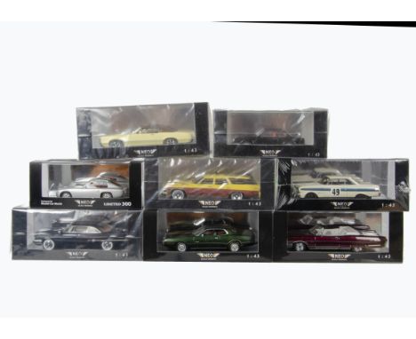 Neo 1:43 Scale Models, including Pontiac Grand Prix Hardtop Coupe, Honda Prelude MkI, Buick Le Sabre 4-Door Station Wagon and