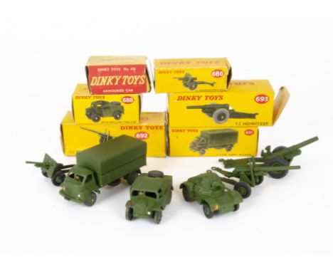 Military Dinky Toys, 689 Field Artillery Tractor, 686 25-Pounder Field Gun, 670 Armoured Car, 692 5.5 Medium Gun, 621 3-Ton A