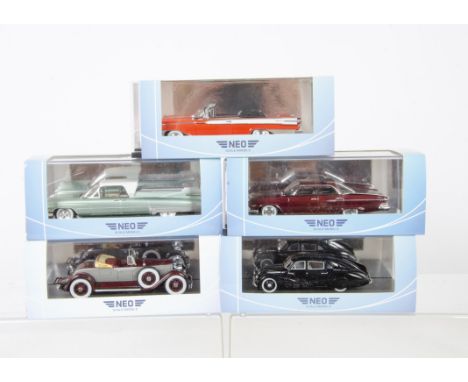 Neo 1:43 Scale Models, including Plymouth Valiant, Tatra 87, Willys Jeep Pickup Truck and seven others, in original boxes, E,