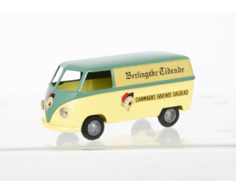 A Tekno (Denmark) No.413 Volkswagen ~Berlingske Tidende~ Van, type 1, green over light yellow body, bare metal hubs, E