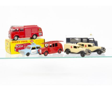 Dinky Toy Emergency Service Vehicles, 259 Fire Engine, in original box, loose 25h Streamlined Fire Engine, 30f Ambulance (2),