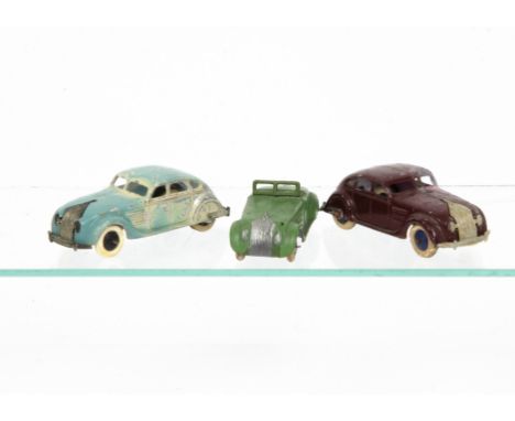 Pre-War Dinky Toy Cars, 30a Chrysler Airflow Saloon (2), first turquoise body, black smooth hubs, second maroon body, dark bl