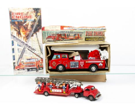 Kokyu (K Japan) Tinplate Friction Drive Fire Engine, automatic pop-up ladder with bell, Horikawa (S.H Japan) tinplate battery