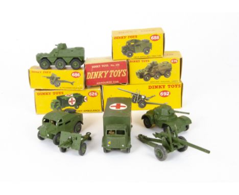 Military Dinky Toys, 688 Field Artillery Tractor, 686 25-Pounder Field Gun, 670 Armoured Car, 692 5.5 Medium Gun, 626 Militar