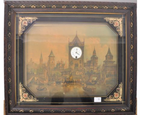 An unusual 20th Century lacquered print painting musical with cylinder movement wall clock. Depicting a European harbour / ca