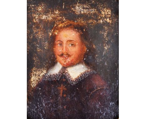 An 18th Century Spanish oil on board portrait painting study depicting a gentleman with long hair and moustache in white coll