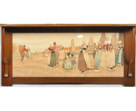 A Liberty &amp; Co Arts &amp; Crafts overmantle with print. A walnut Arts and Crafts picture / overmantel containing an origi