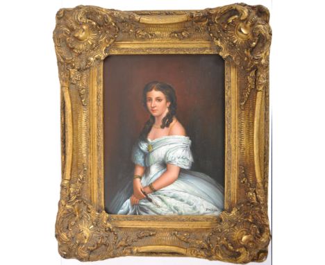 D Goetz - A 20th century oil on board painting portrait 3/4 study of young lady stood in a flowing blue period ball gown with
