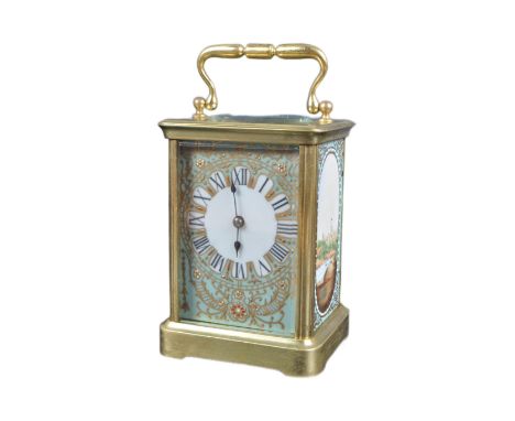 A 19th Century French hand painted &amp; jewelled carriage clock with striking bell. Roman numeral chapter ring with faceted 