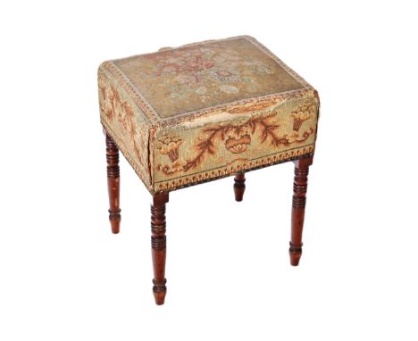 An early 19th Century George III stool having an urn and flower tapestry cushioned top with stud detailing. All raised on tur