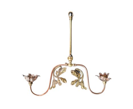 An early 20th Century Arts &amp; Crafts copper &amp; brass ceiling light lamp in the manner of WAS Benson. Twin sconces with 