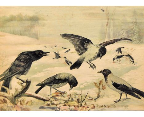 A large early 20th Century Lithograph print depicting crows in a snowy landscape scene setting. Numbered to lower corner and 