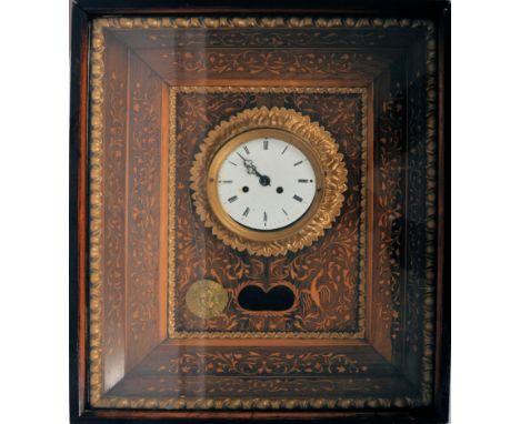 A 19th century French&nbsp;marquetry inlaid wall clock. With walnut marquetry inlays of leaves and flowers. A pair of phoenix