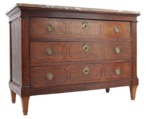 A 19th Century French mahogany commode chest of drawers having a chamfered edge marble top over three long drawers each with 